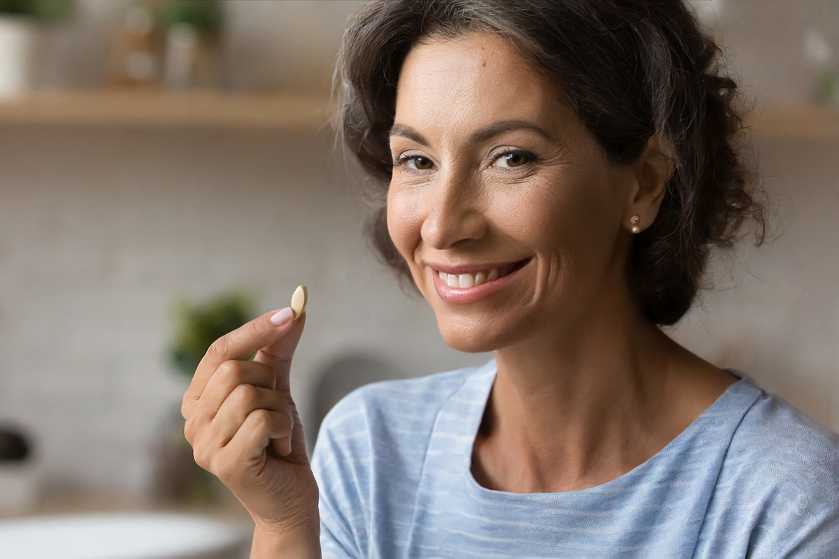 Closeup portrait of happy middle aged s woman holding pill tak