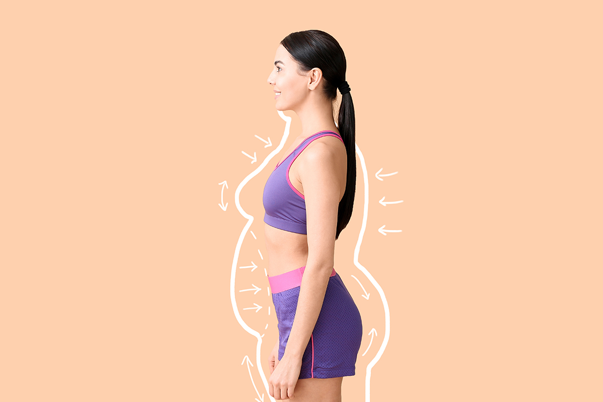 Young woman after weight loss on color background