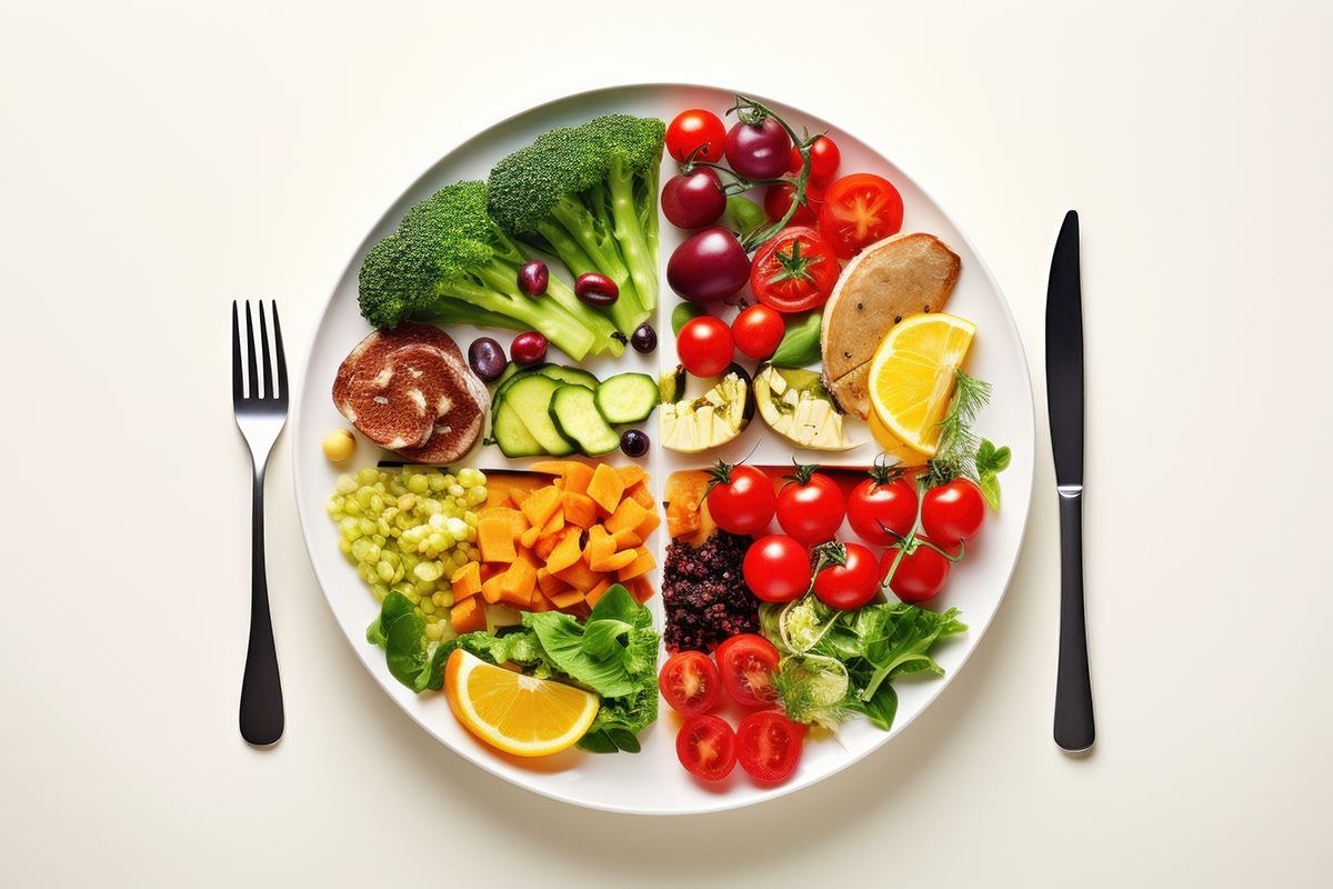 Graphic representation of a healthy plate with portion sizes for balanced meals