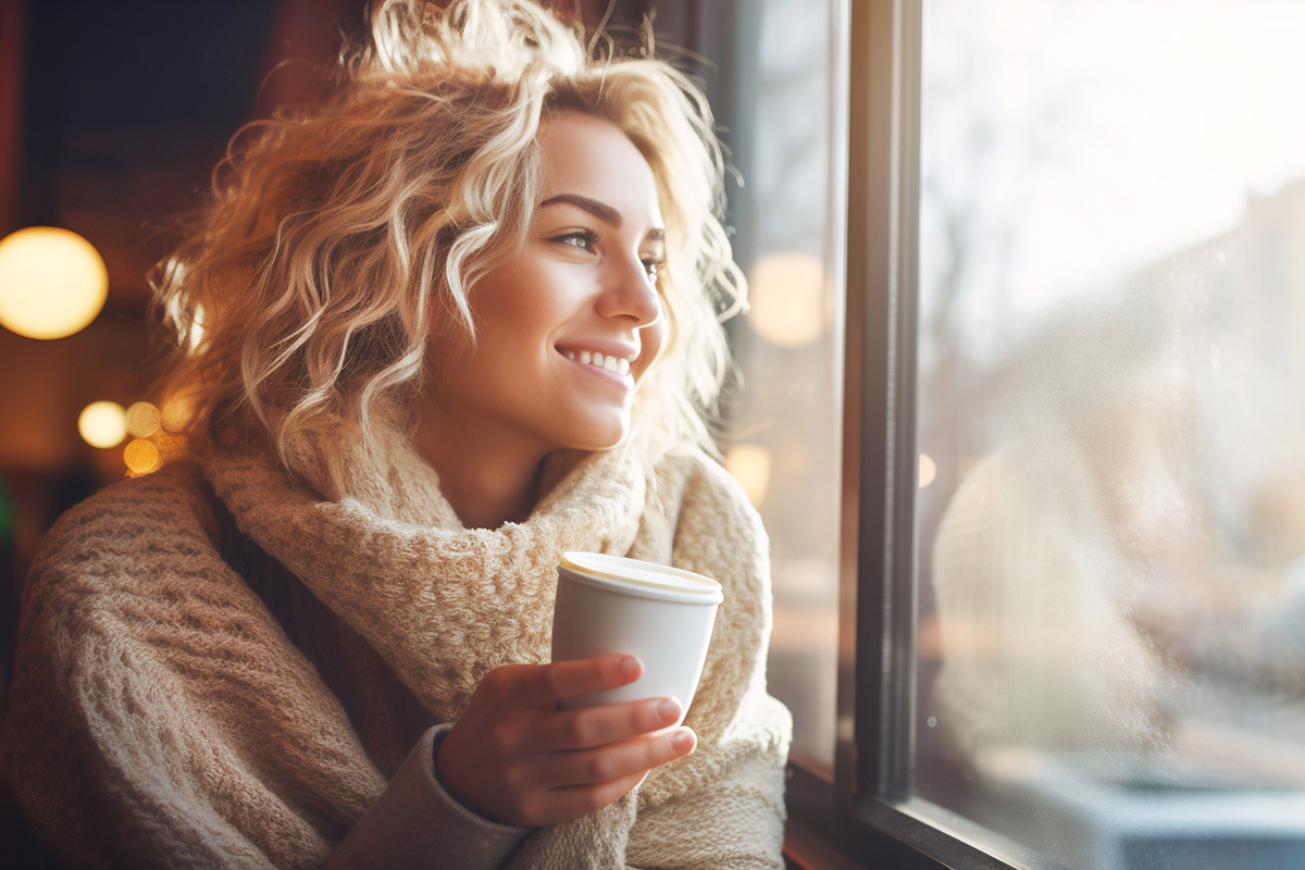 Smiling young blond woman enjoying in her coffee time by the window in cold day. Mental health day. Emotions of happiness and peace of mind.Generative Ai content.
