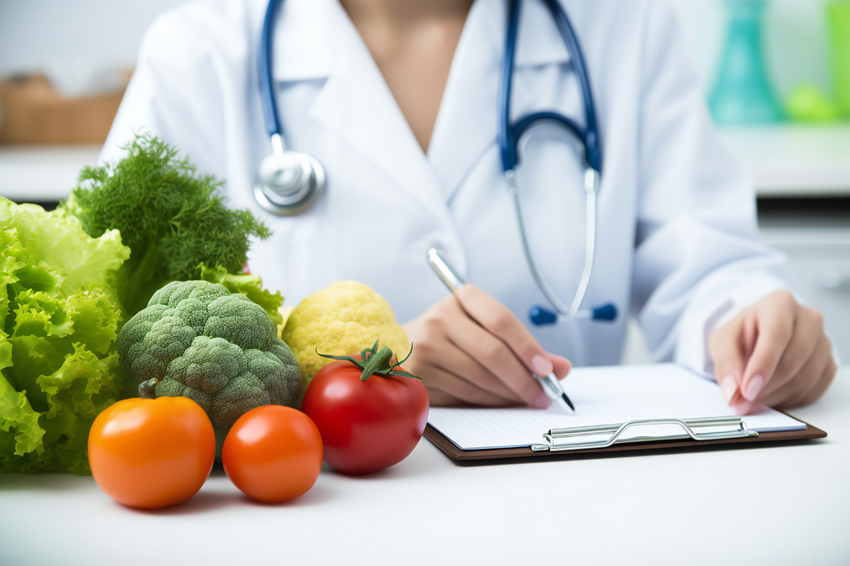 Nutritionist giving consultation to patient with healthy fruit and vegetable