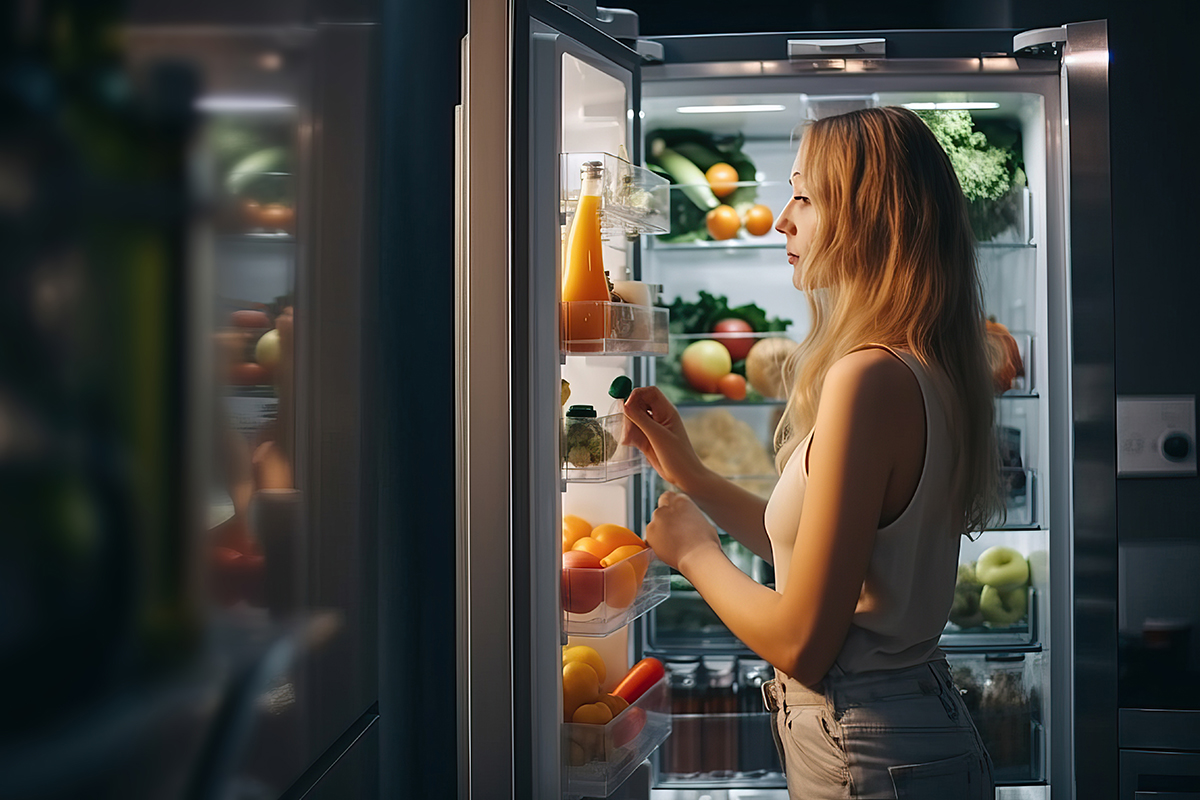 Night eating, a girl stands near an open refrigerator at night