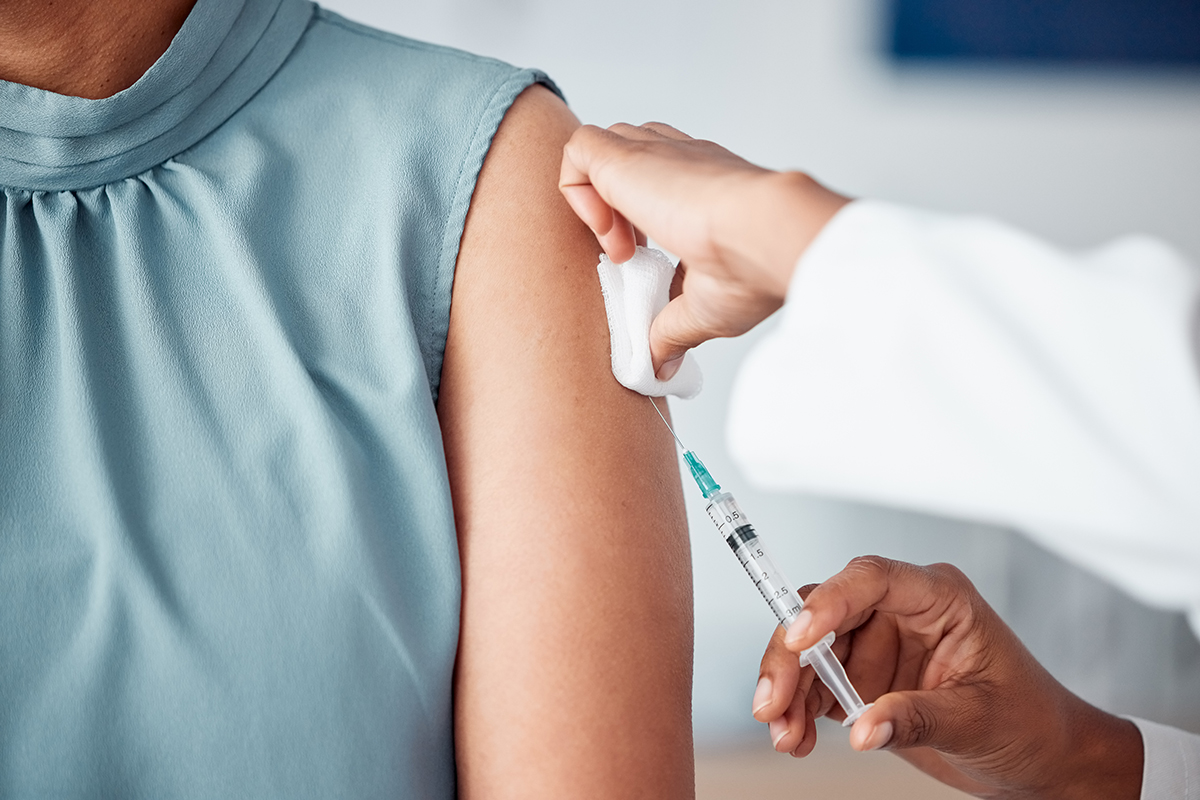 Hands, medical and doctor with patient for vaccine in a clinic for healthcare treatment