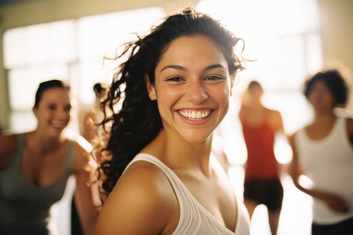 Portrait of a smiling woman in a group fitness class